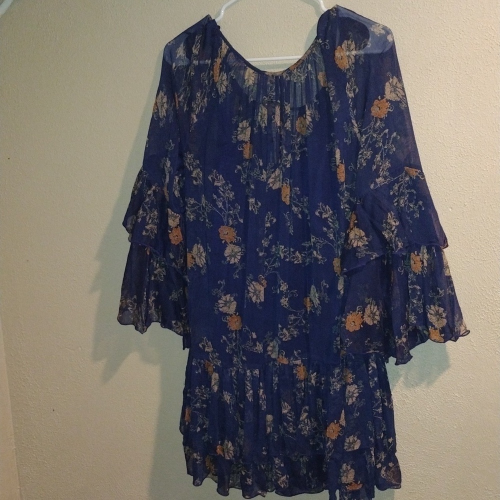 Free People Navy Blue Floral Sunsetter Mini Dress/Tunic Bell Sleeves M - Picture 6 of 6